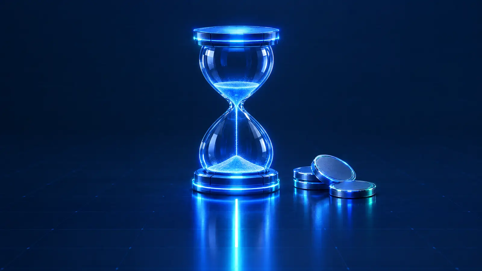Gläserne Sanduhr mit fast durchgelaufenem blauem Sand, daneben einige Münzen auf dunklem, spiegelndem Boden