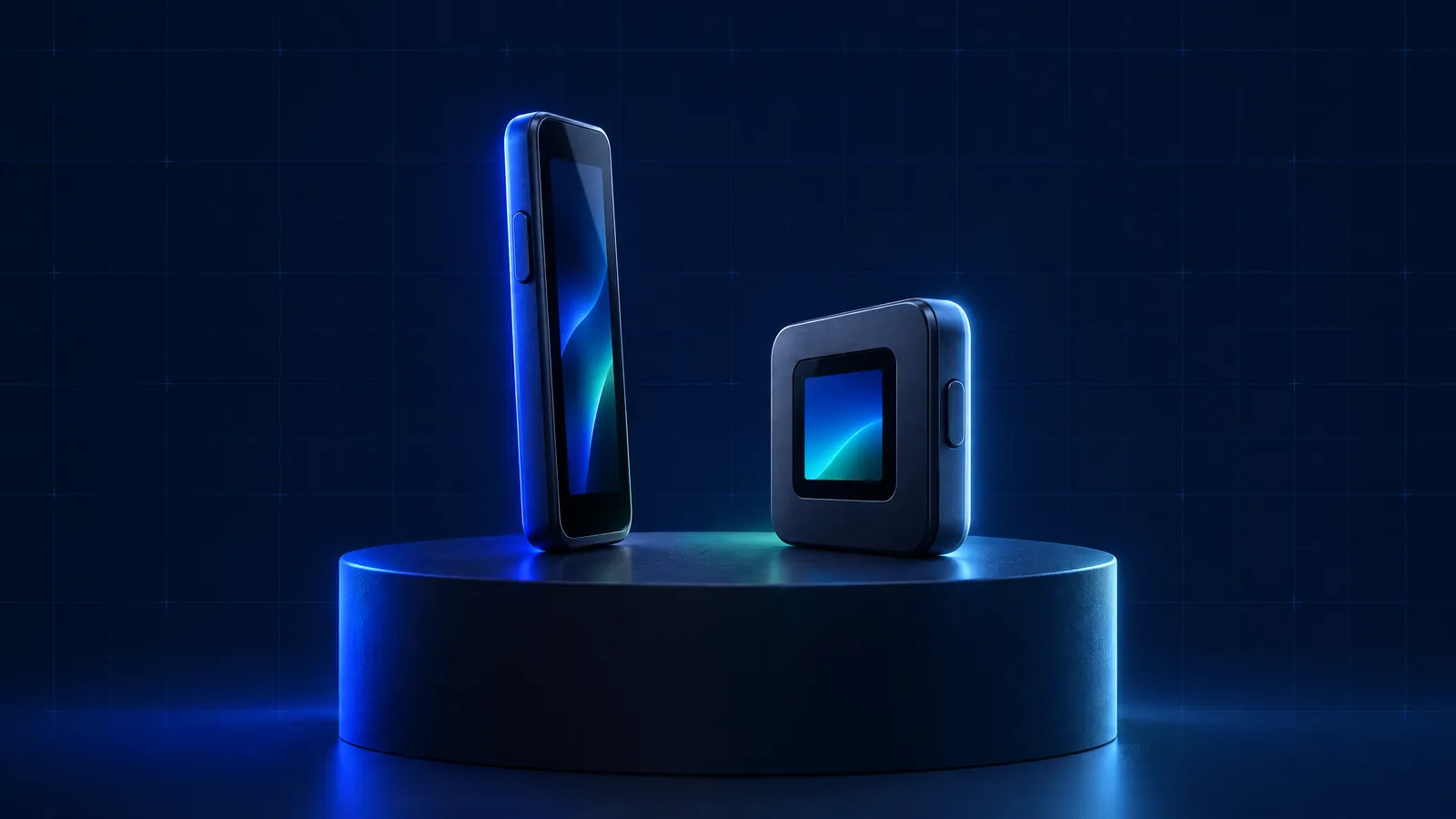 Zwei Hardware-Wallets ohne Logos auf einem Podest, eine schmal mit Touchscreen, eine kompakt mit Farbdisplay, blau angestrahlt