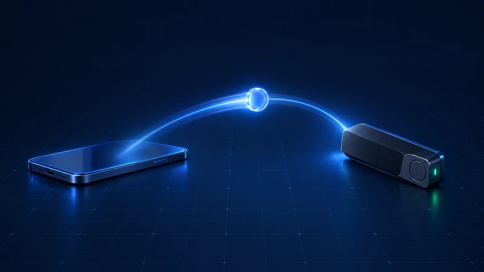 Leuchtender Token wandert auf einer Lichtbahn von einem Smartphone zu einer Hardware-Wallet – Übertrag auf die eigene Wallet